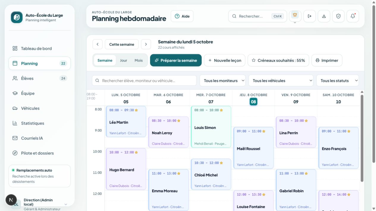 Interface réelle de l’Auto-École du Large : planning des leçons et moniteurs, avec données fictives.